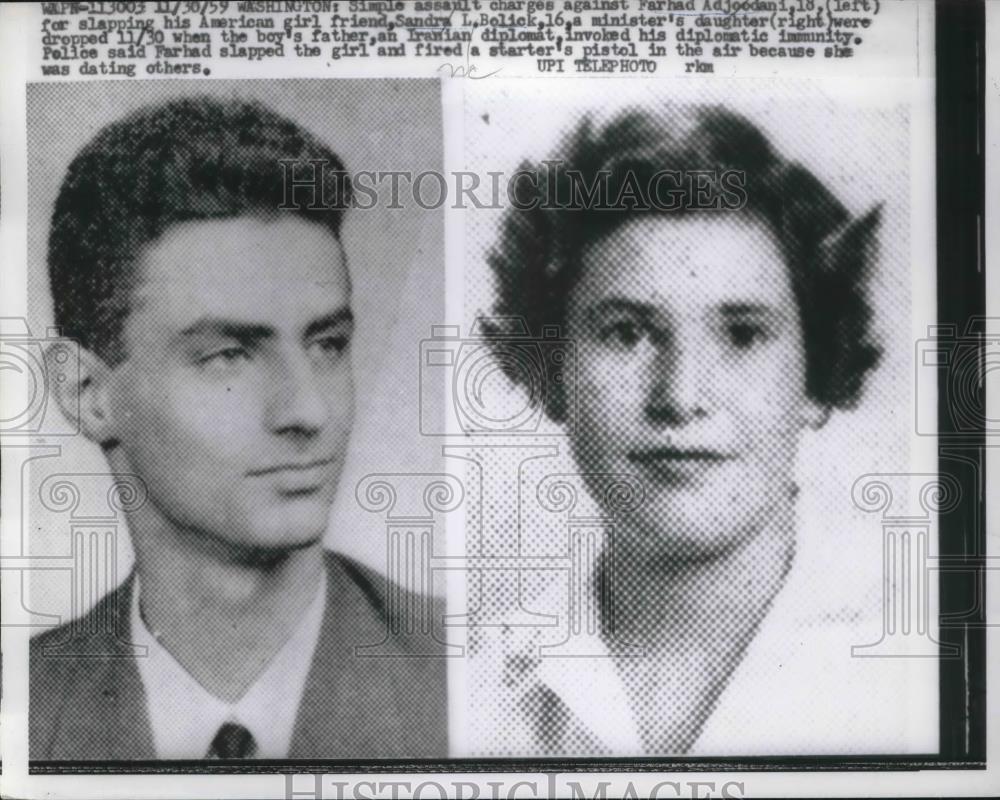 1959 Press Photo Farhad Adjodani Facing Assault Charges For Slapping Girlfriend - Historic Images