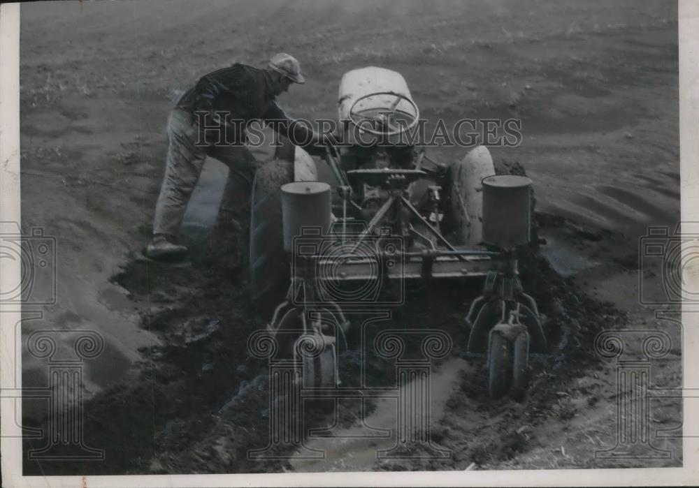 1953 Press Photo L. P. Engle on his wheat farm near Abilene stuck in dust - Historic Images