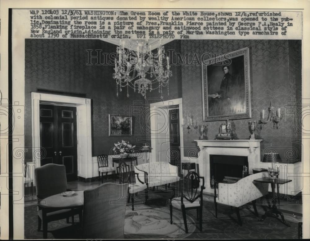 1961 Press Photo The Green room of the White House with colonial antiques - Historic Images