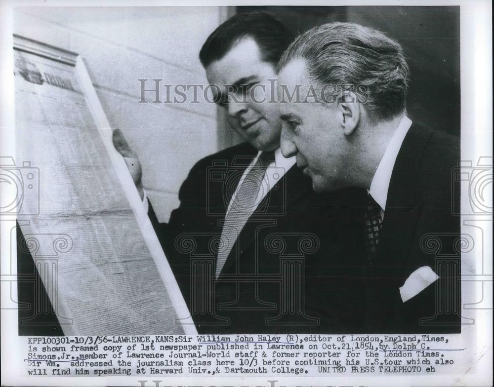 1956 Press Photo Sir William John Haley, Editor of London Times, Dolph C. Simons - Historic Images