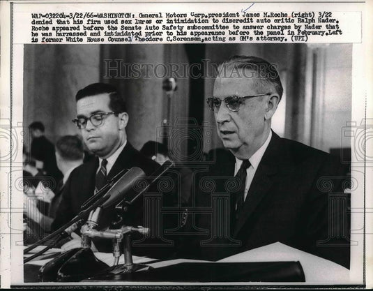 1966 Press Photo General Motors Corp. Pres. James M. Roche, Ralph Nader - Historic Images