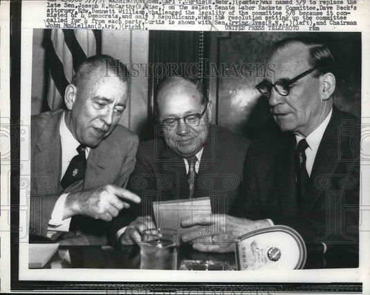 1957 Press Photo Senate Labor Rackets Comm, Sen J McClellan,J McCarthy, C Curtis - Historic Images