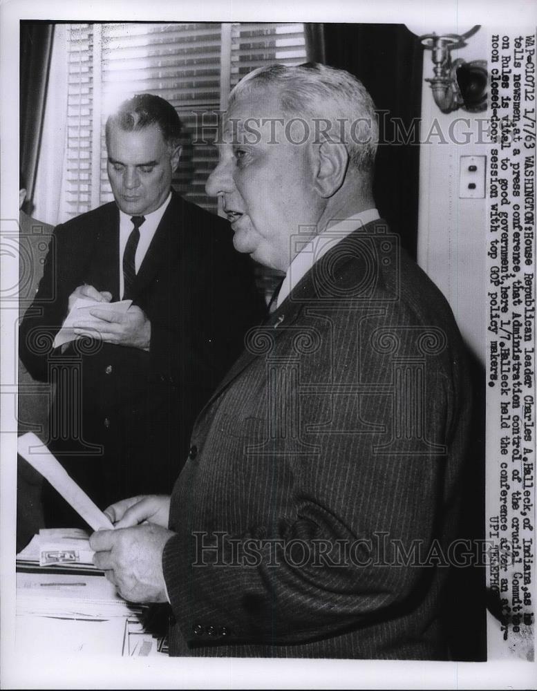 1963 Press Photo GOP leader Charles Halleck of Ind. at press conference - Historic Images