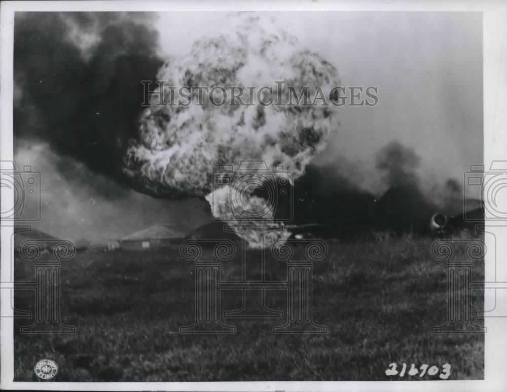 1945 Press Photo Japanese Planes Burn At Kumaguya Airfield in Honshu - neb52004 - Historic Images