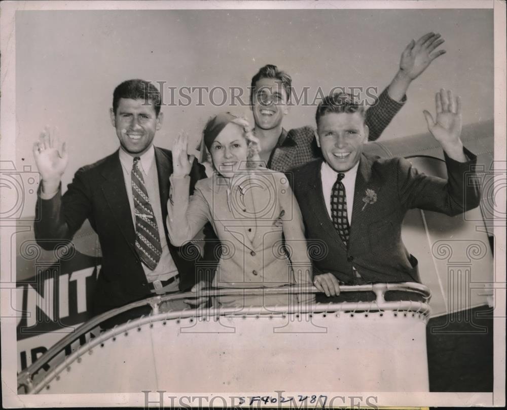 1937 Press Photo USAAU team members A Kiefae,E Root,J Higgins &amp; stewardess Sonev - Historic Images