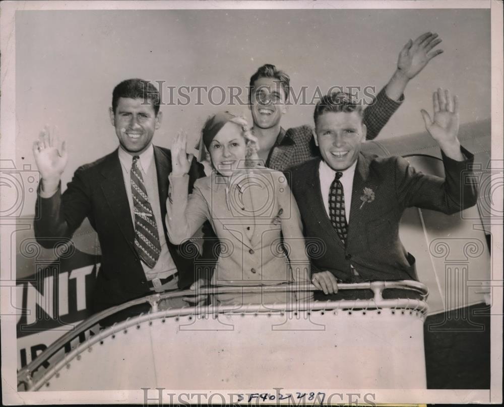1937 Press Photo USAAU team members A Kiefae,E Root,J Higgins & stewardess Sonev - Historic Images