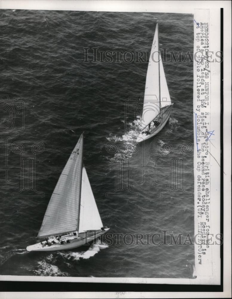 1958 Press Photo Yachts Columbia & Sceptre racing off Newport, R.I. - Historic Images