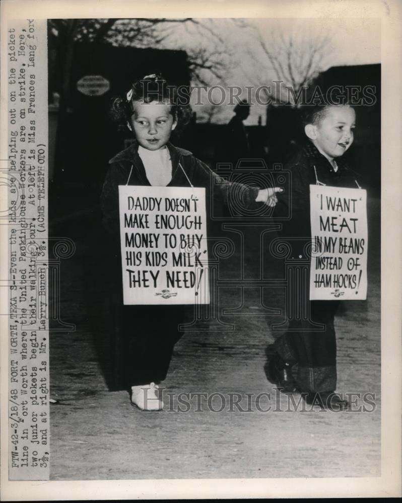 1948 Press Photo Frances Lang Ford & Larry Bunch, Young Pickets for Packinghouse - Historic Images