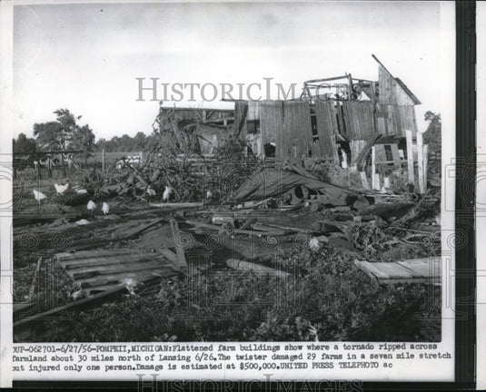 1956 Press Photo Pompeii, Mich. farm bldgs. destroyed by a tornado - neb50074 - Historic Images
