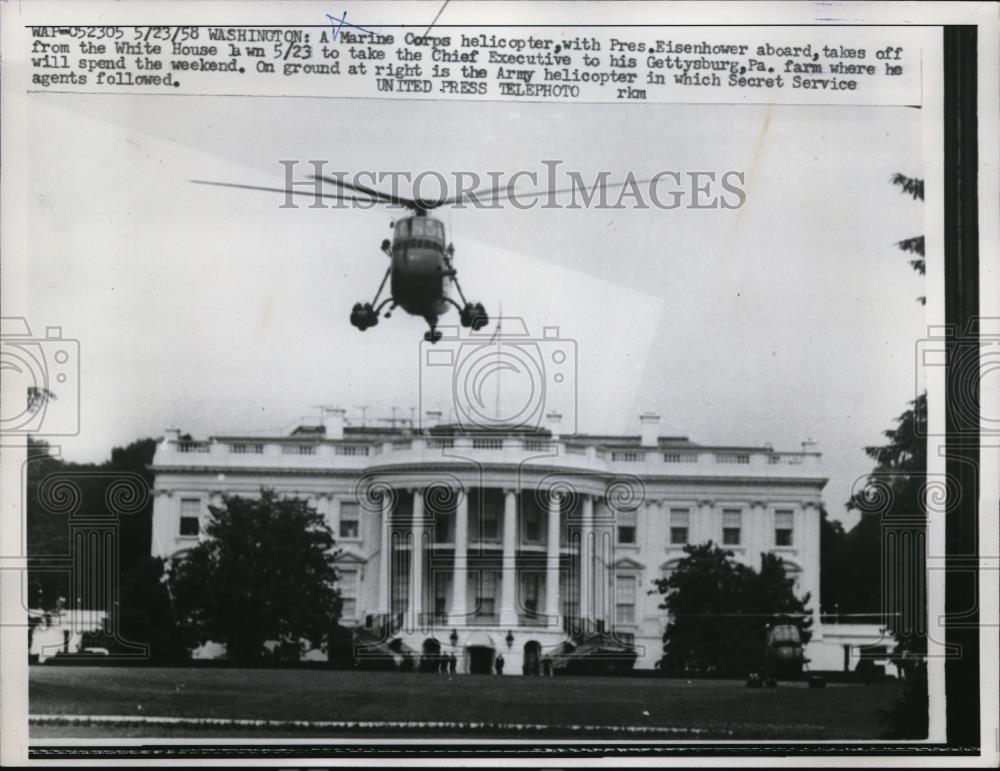 1958 Press Photo Marine Corps Helicopter With President Eisenhower - neb50377 - Historic Images