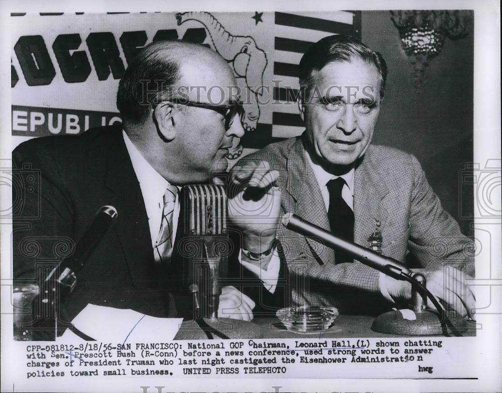 1956 Press Photo Natl GOP chairman Leonard Hall &amp; Sen. Prescott Bush - Historic Images