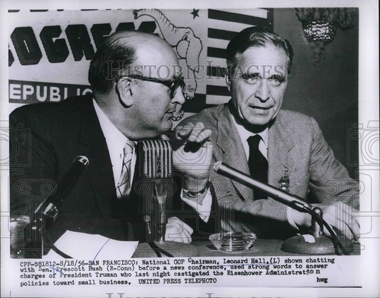 1956 Press Photo Natl GOP chairman Leonard Hall & Sen. Prescott Bush - Historic Images
