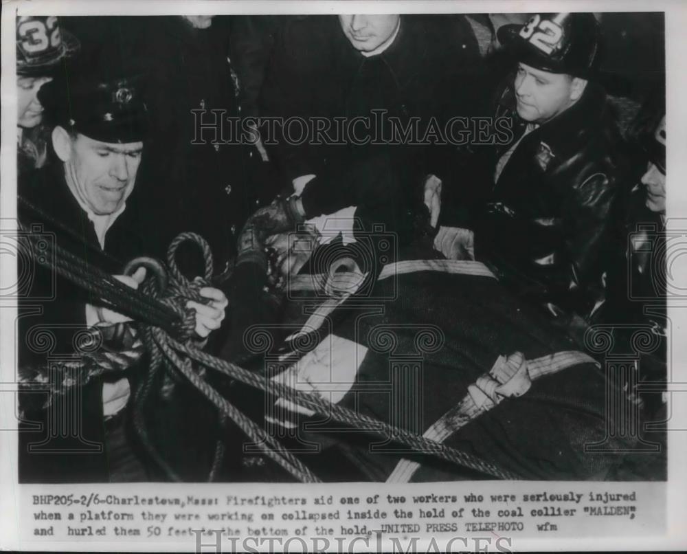 1954 Press Photo Charlestown, MA Firefighters Help Victims Of Platform Collapse - Historic Images