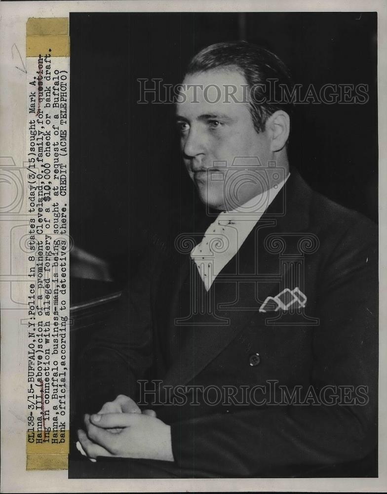 1948 Press Photo Buffalo, NY Mark A. Hanna III sought in forgery case - Historic Images