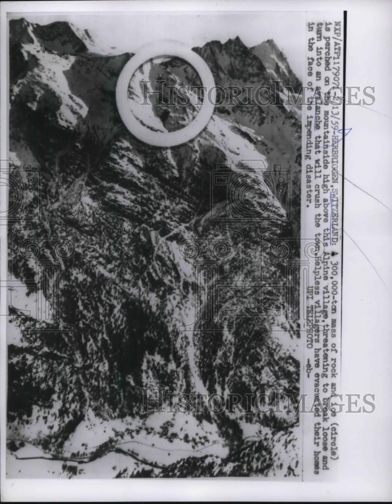 1959 Press Photo Herbriogen, Switzerland, Avalance crushes a village - neb51781 - Historic Images