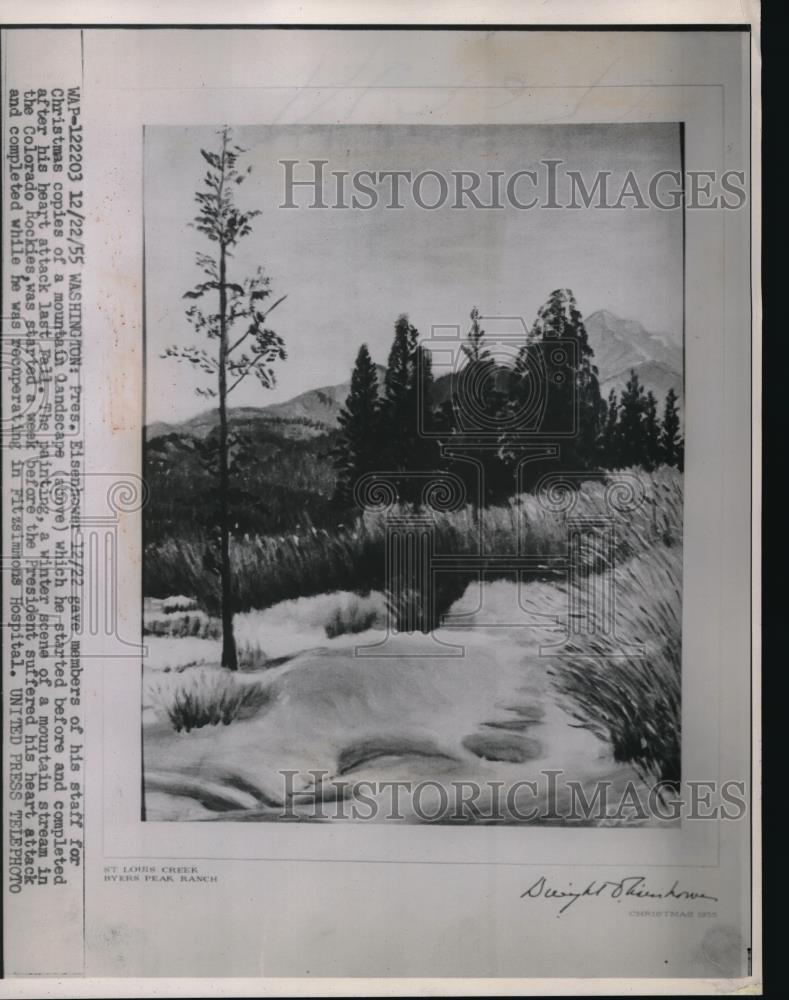 1955 Press Photo Washington, mountain landscape painted by Pres. Eisenhower - Historic Images