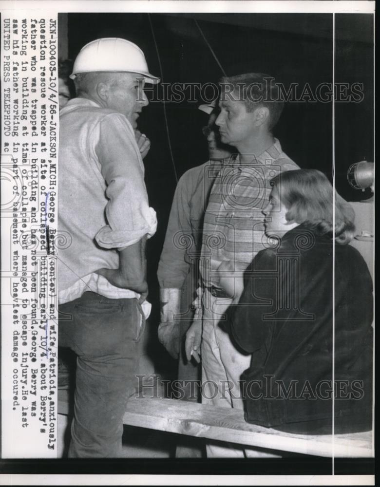 1956 Press Photo George Berry and wife, Patricia at site of collapsed building - Historic Images