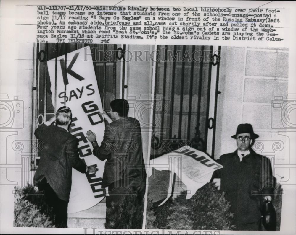 1960 Press Photo Wash.D.C. Russian Embassy signs from HS football - Historic Images