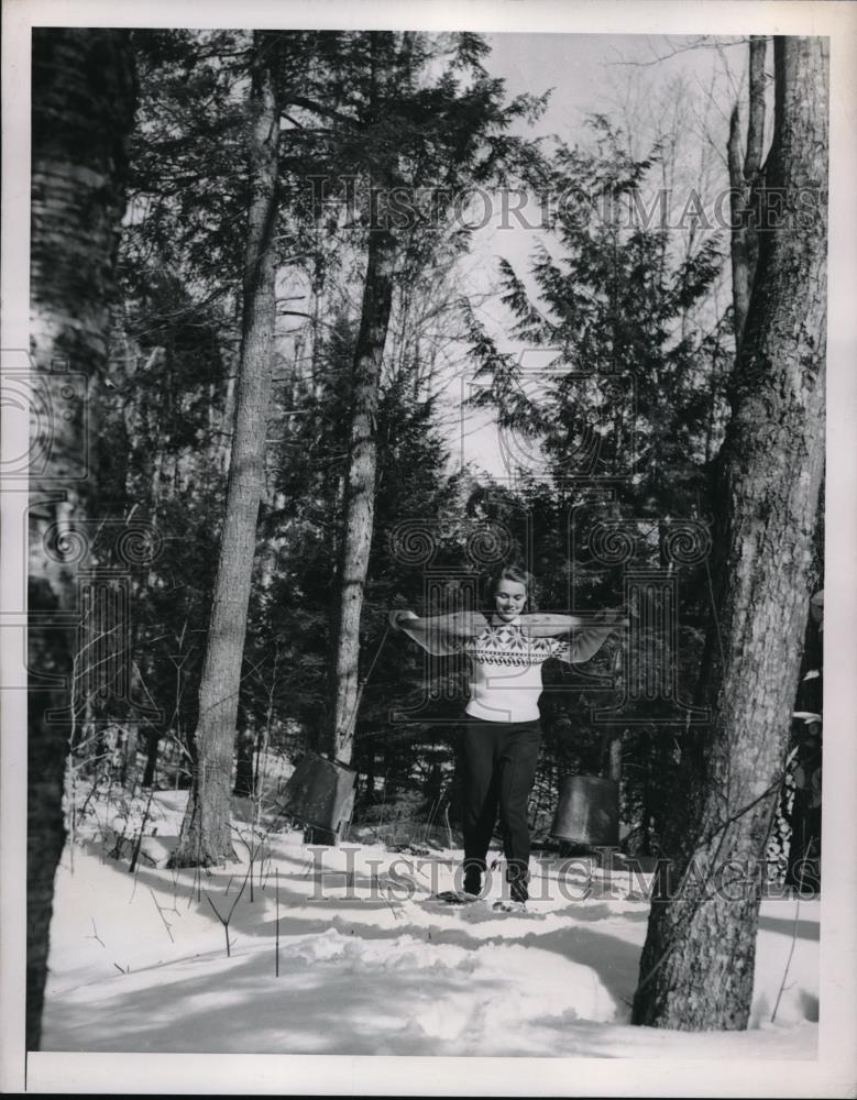 1948 Press Photo A woman out in grove harvesting maple syrup - Historic Images