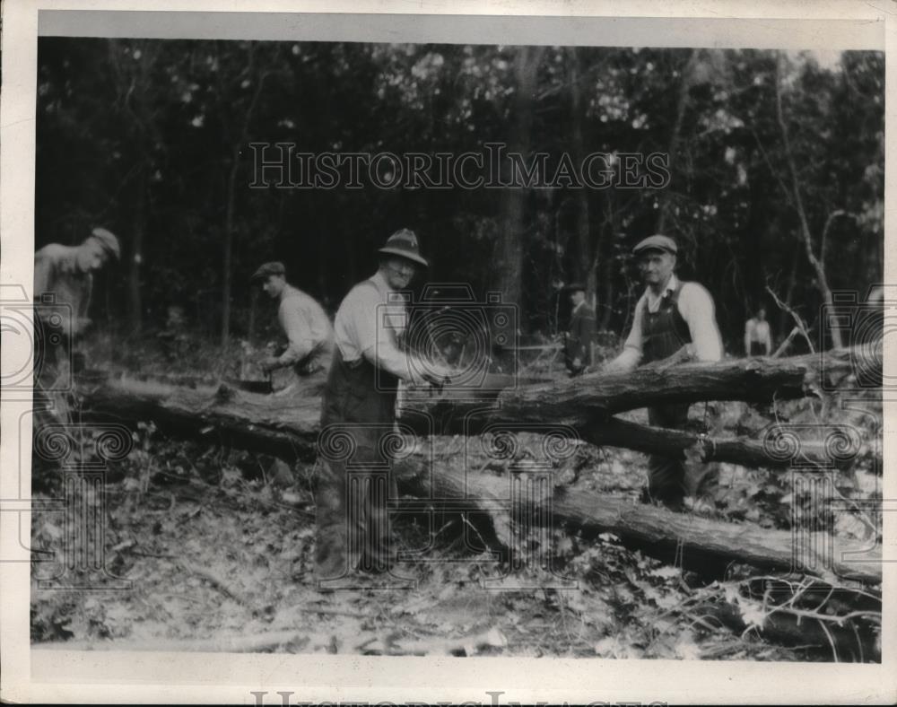 1933 Press Photo Workmen Cutting Timber at Longing Camp in Minneapolis - Historic Images