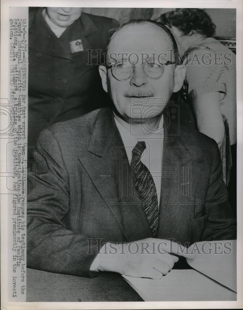 1952 Press Photo Wash.D.C. Far East expert Owen Lattimore at Senate Comm - Historic Images