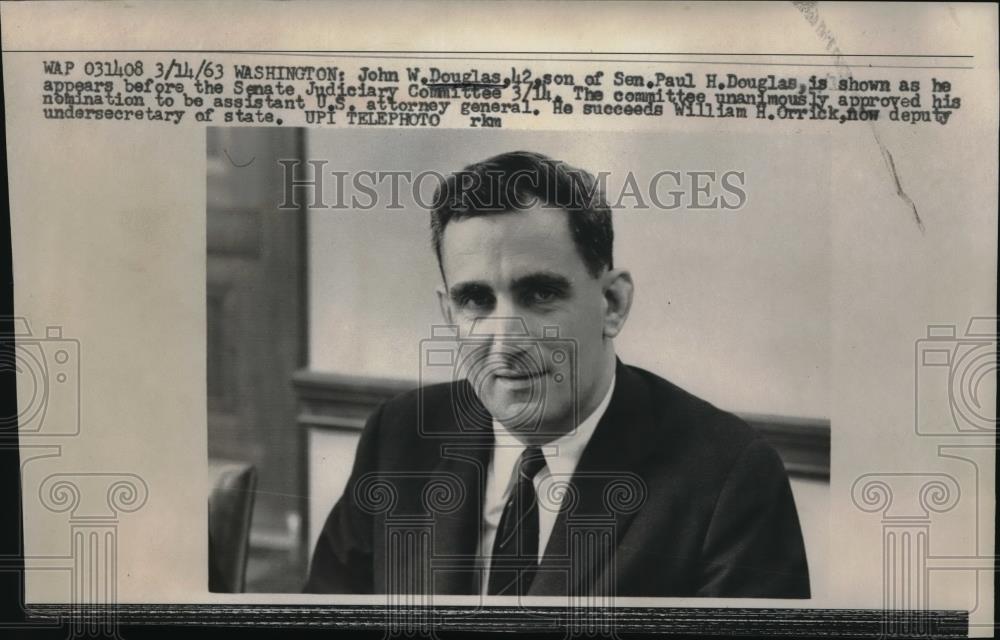 1963 Press Photo John W.Douglas,son of Sen.Paul H.Douglas at Senate Judiciary. - Historic Images