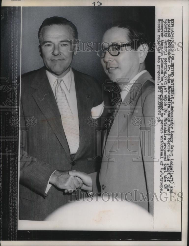 1958 Press Photo UN US Amb Henry Cabot Lodge,Japanese Amb Dr K Matsudaira - Historic Images