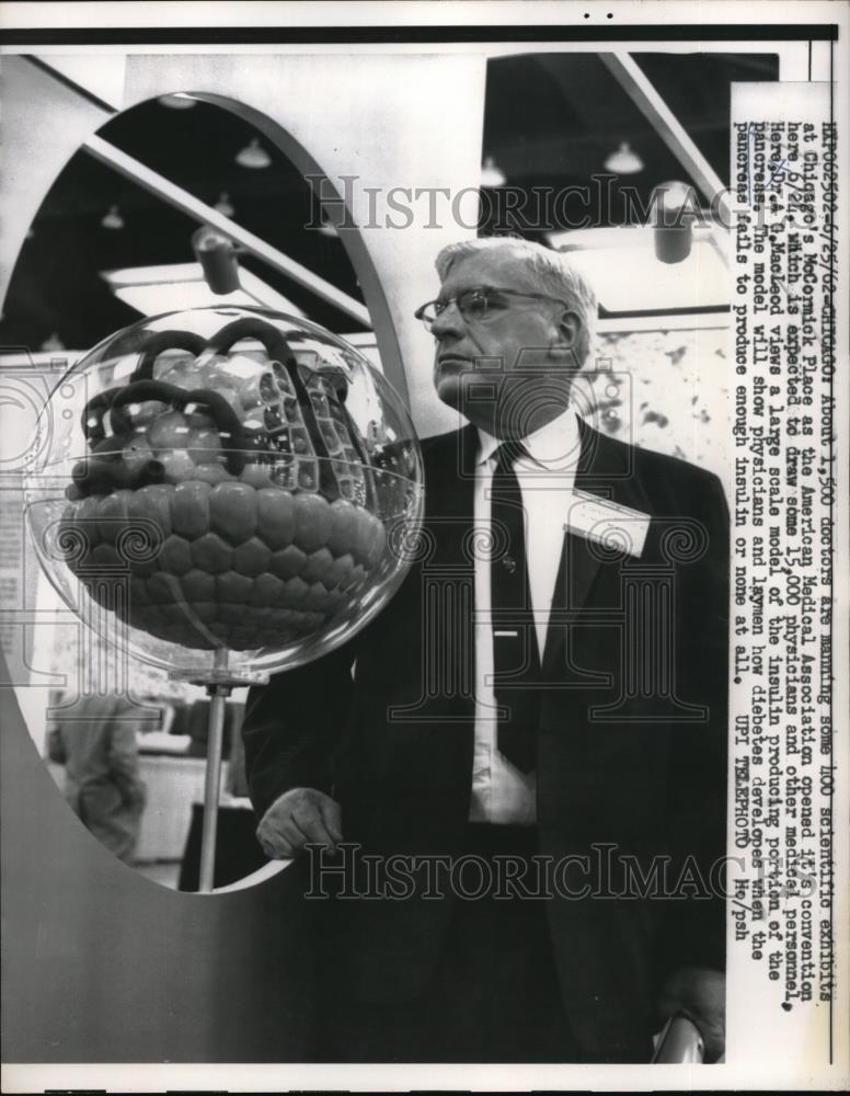 1962 Press Photo Chicago, Ill. Dr A. MacLeod &amp; model of insulin production - Historic Images