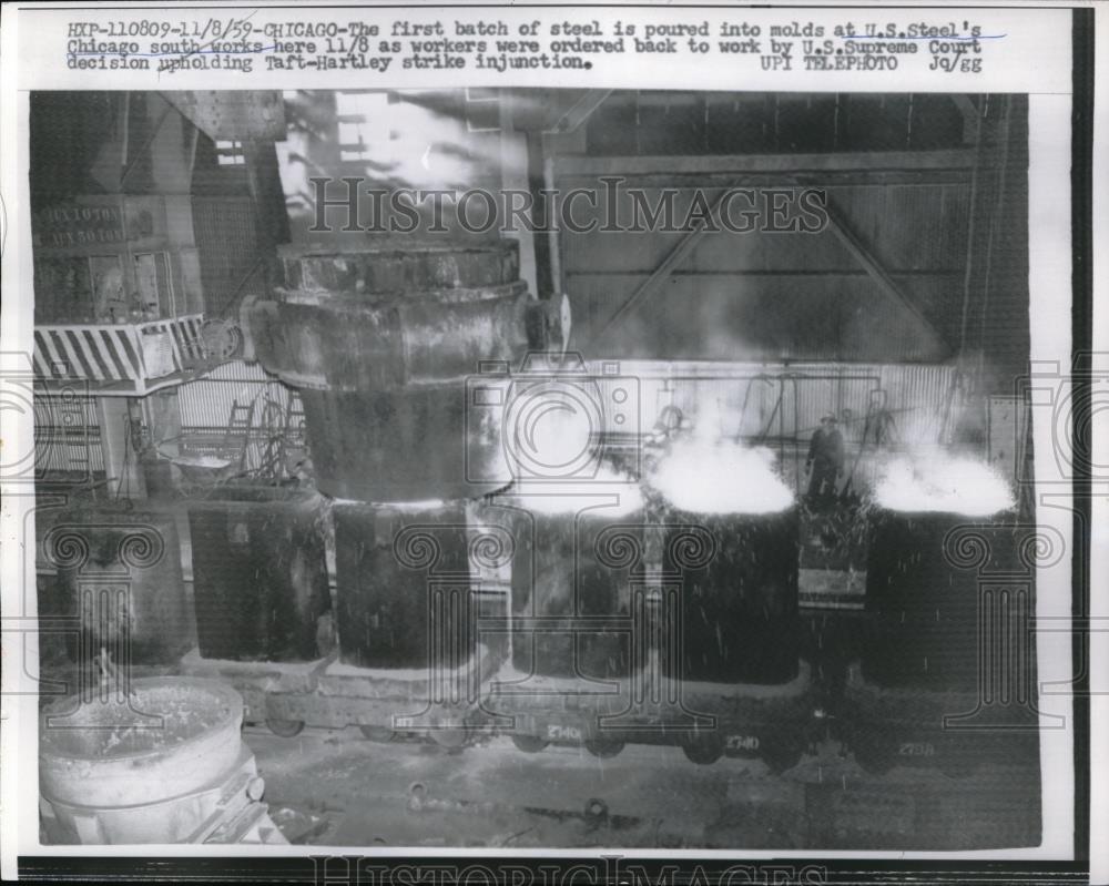 1959 Press Photo First Batch OF Steel Poured Into Molds At US Steel&#39;s - Historic Images