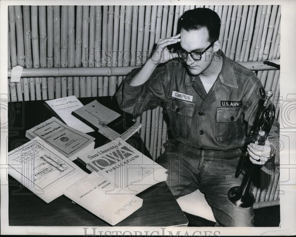 1959 Press Photo US Army Specialist Joe Campus Ponders College Options - Historic Images