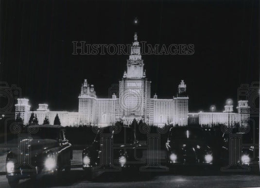 1952 Press Photo Moscow State University Illuminated For May Day Celebration - Historic Images