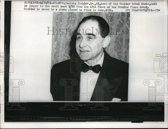 1961 Press Photo Carling Dinkler, head of the Dinkler Hotel chain, fell or - Historic Images