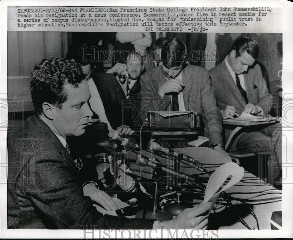 1968 Press Photo San Francisco State College Pres John Summerskill Gov. Reagan - Historic Images