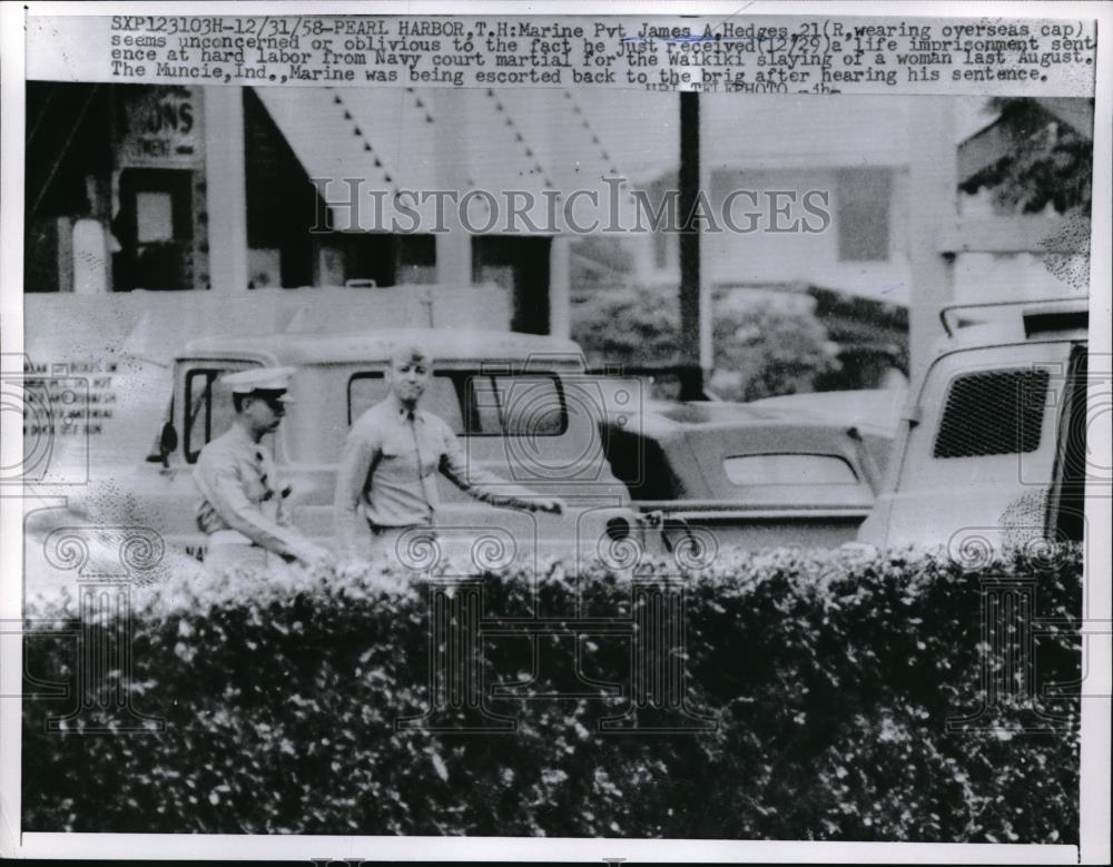 1958 Press Photo Marine Pvt James Hedges Escorted To Brig After Sentencing - Historic Images