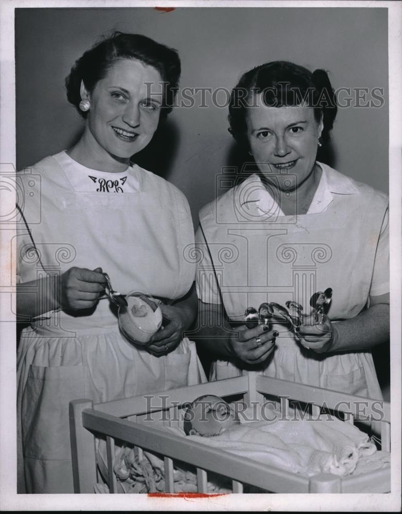 1956 Press Photo Mrs Robert Given,Mrs Maurice Dillon &amp; baby gifts in Cleveland - Historic Images