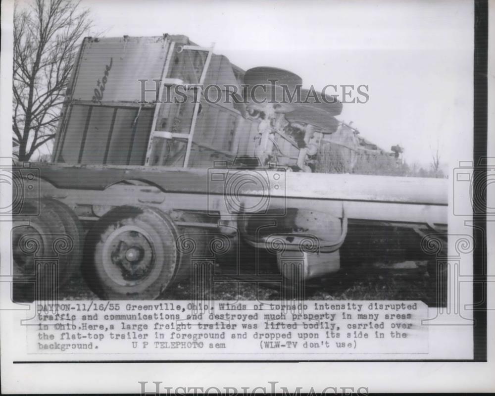 1955 Press Photo Winds Turn Over a Freight Trailer in Greenville, Ohio - Historic Images