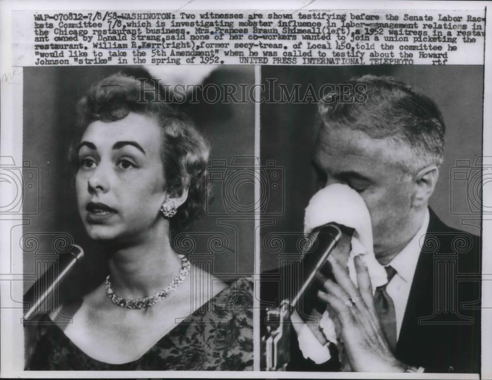 1958 Press Photo D.C. Senate Labor Rackets Comm. witnesses, Mrs F B Shimell - Historic Images