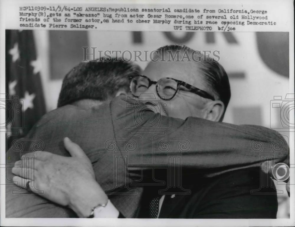 1964 Press Photo George Murphy, Senatorial Candidate &amp; Actor Hugs Cesar Romero - Historic Images