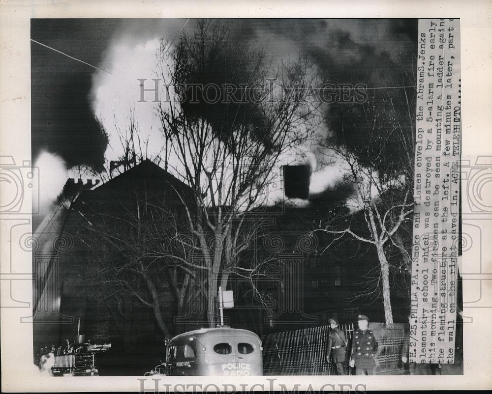 1949 Press Photo Abram S Jenkks school on fire in Philadelphia,Pa. - Historic Images