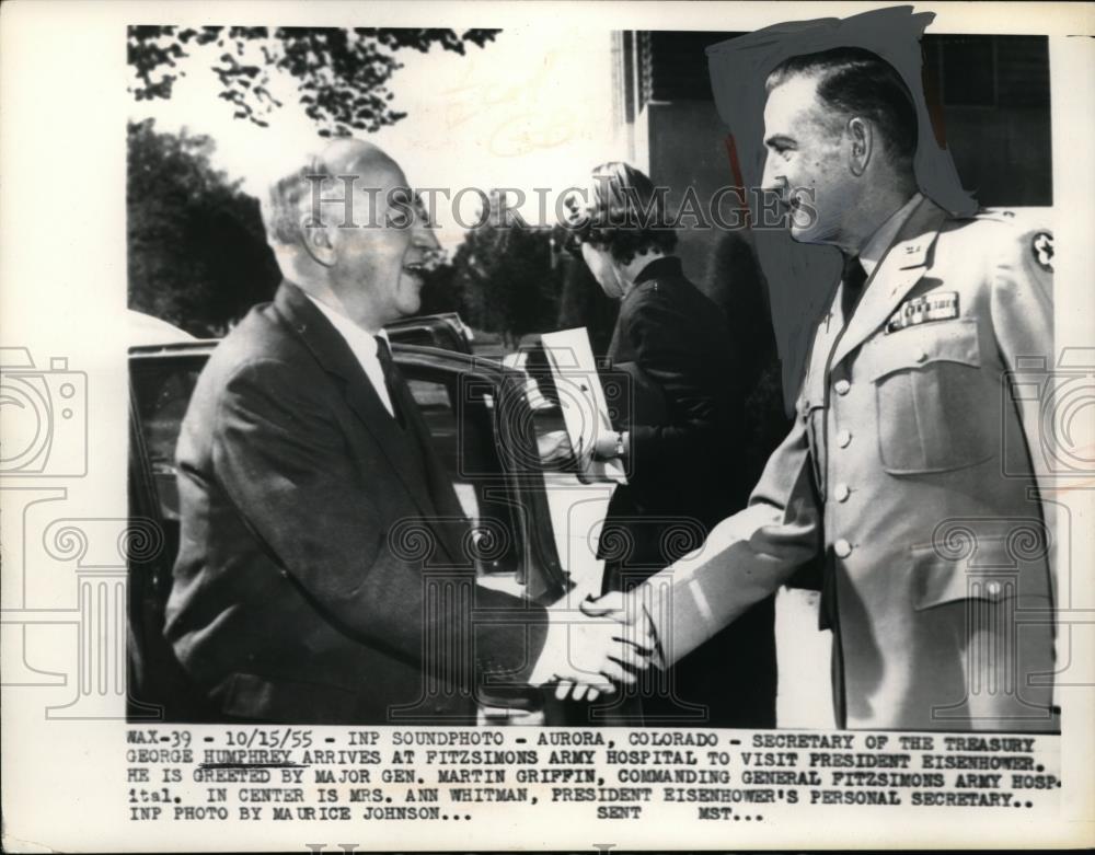 1955 Press Photo Aurora, Colo. Sec of Treas. Geo Humphrey &amp; Maj Gen M Griffin - Historic Images