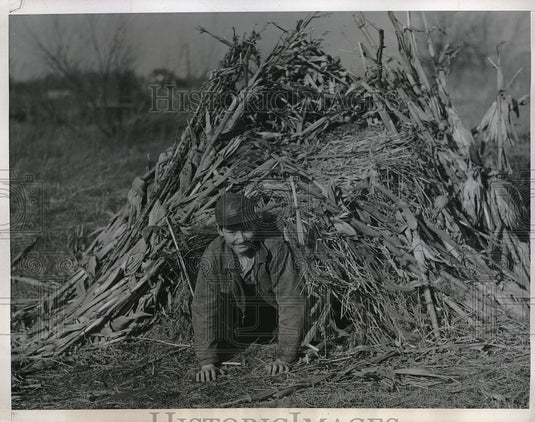 1947 Press Photo cold Jack Richardson in cornstalk shelter waits for school bus - Historic Images