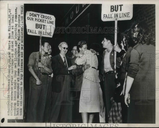 1948 Press Photo Norman Plumley & Doris Mae Wilson Marry On Picket Line - Historic Images