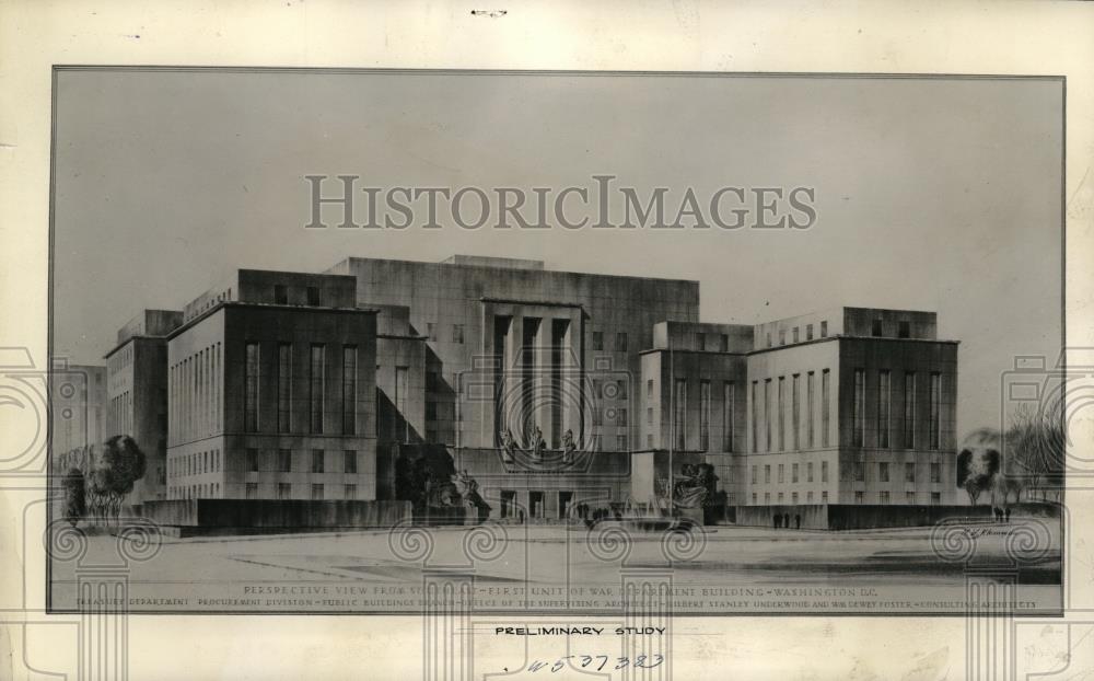 1940 Press Photo Architect&#39;s drawing of the proposed 1st unit of War Dept. Bldg - Historic Images