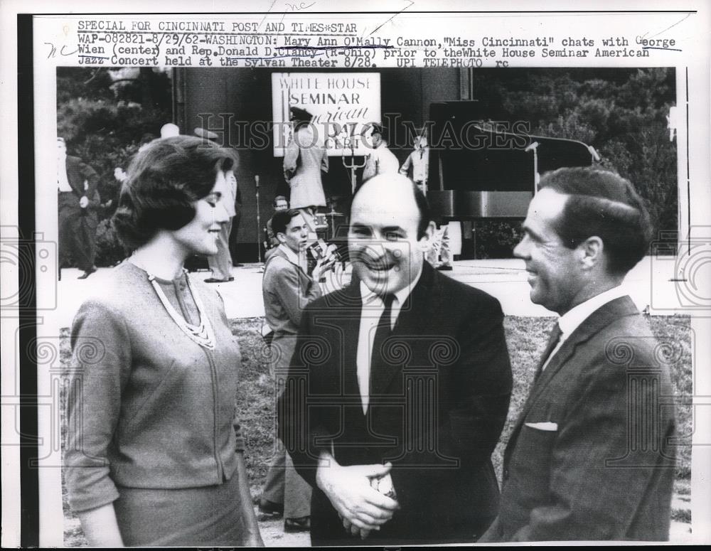 1962 Press Photo Mary Ann O&#39;Mally Miss Cincinati, Wien, rep. Donald Clancy - Historic Images