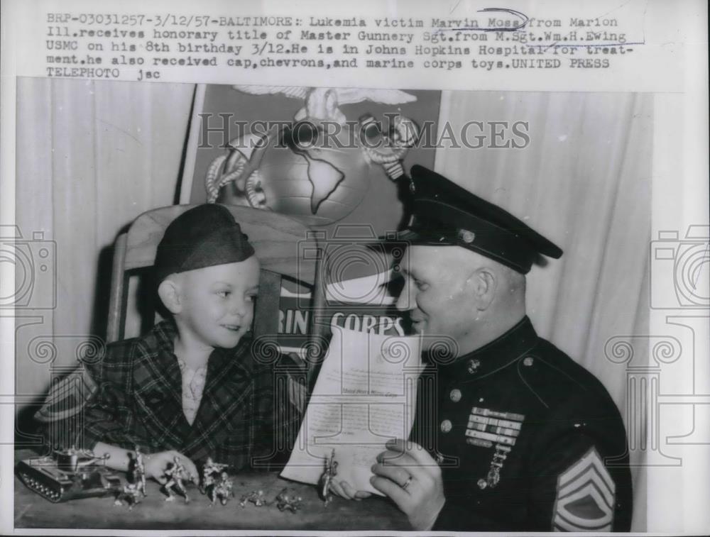 1957 Press Photo Lukemia victim Marvin Moss receives honorary title of Master - Historic Images