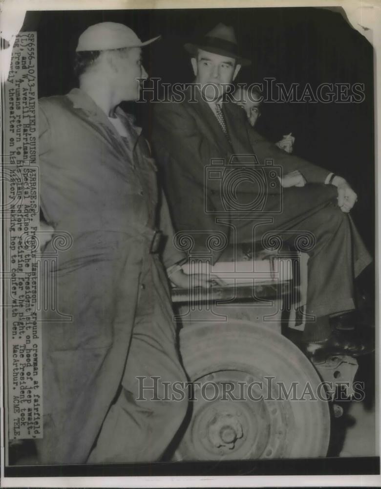 1950 Press Photo Fairfield Suisun AFB, Sgt Francis Manterson &amp; Averell Harriman - Historic Images