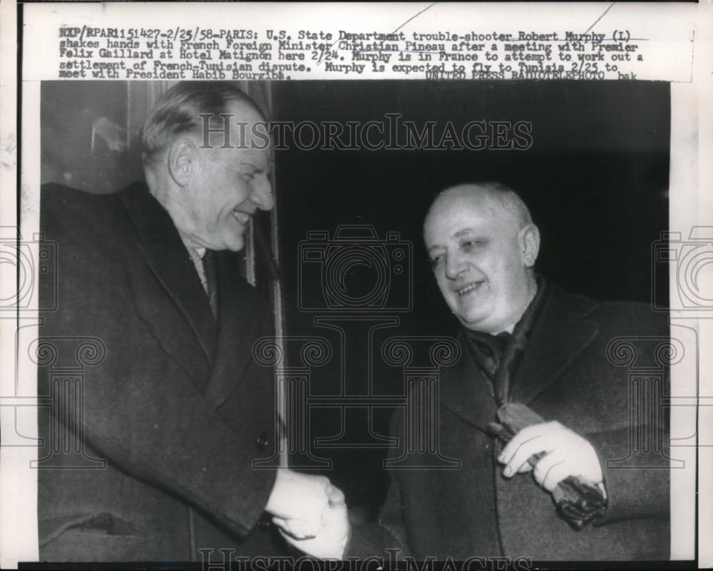 1958 Press Photo State Dept.&#39;s Robert Murphy with French FM Christian Pineau - Historic Images