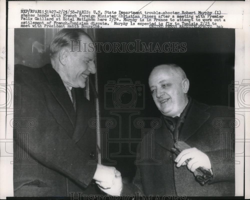1958 Press Photo State Dept.'s Robert Murphy with French FM Christian Pineau - Historic Images
