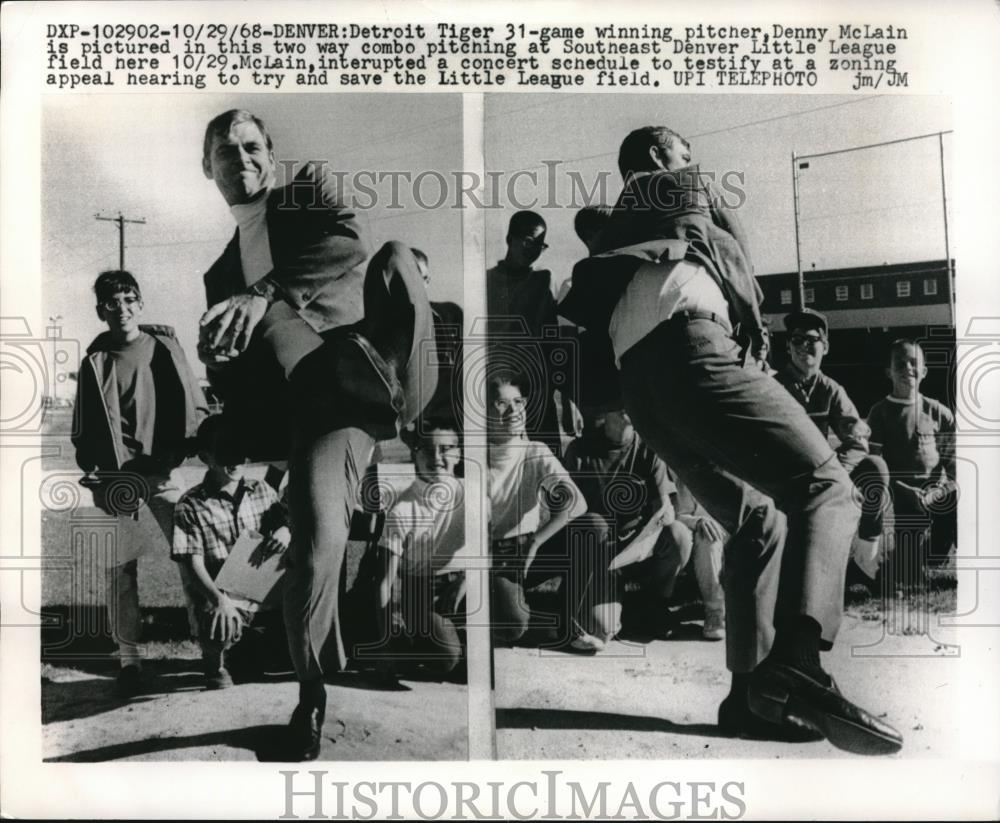 1968 Press Photo Detroit Pitcher Denny McLain Pitches at Little League Field - Historic Images