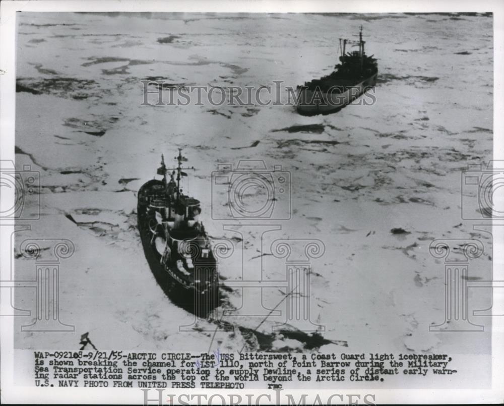 1955 Press Photo USS Bittersweet icebreaker &amp; LST 1110 in Arctic Circle - Historic Images